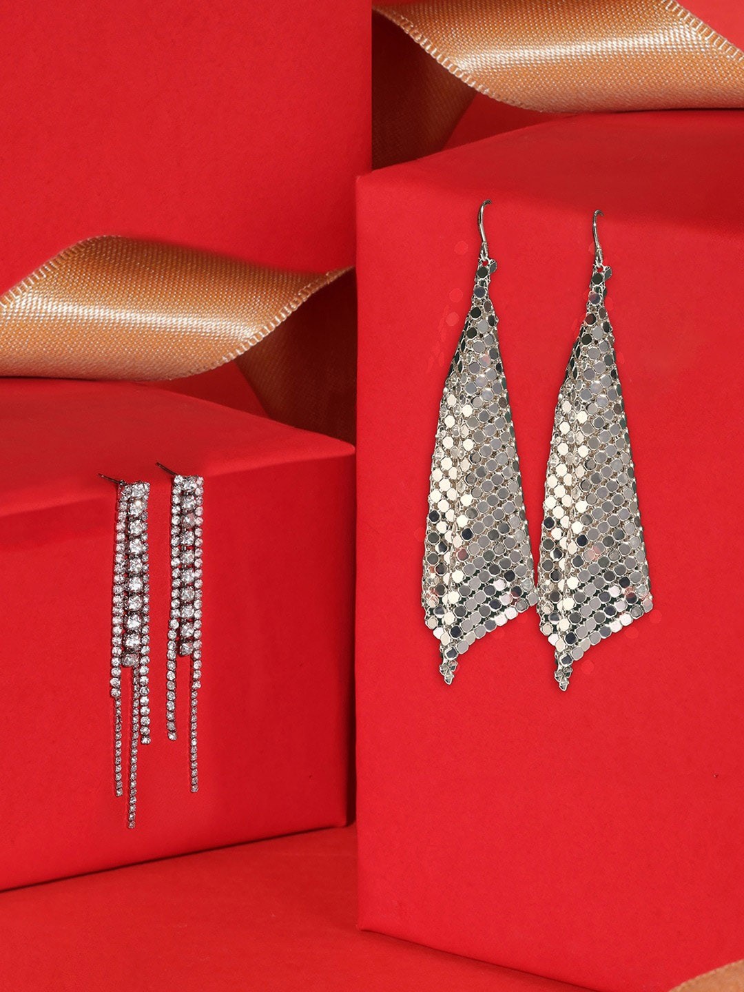 

AMI Set Of 2 Stone Studded Geometric Drop Earrings, Silver