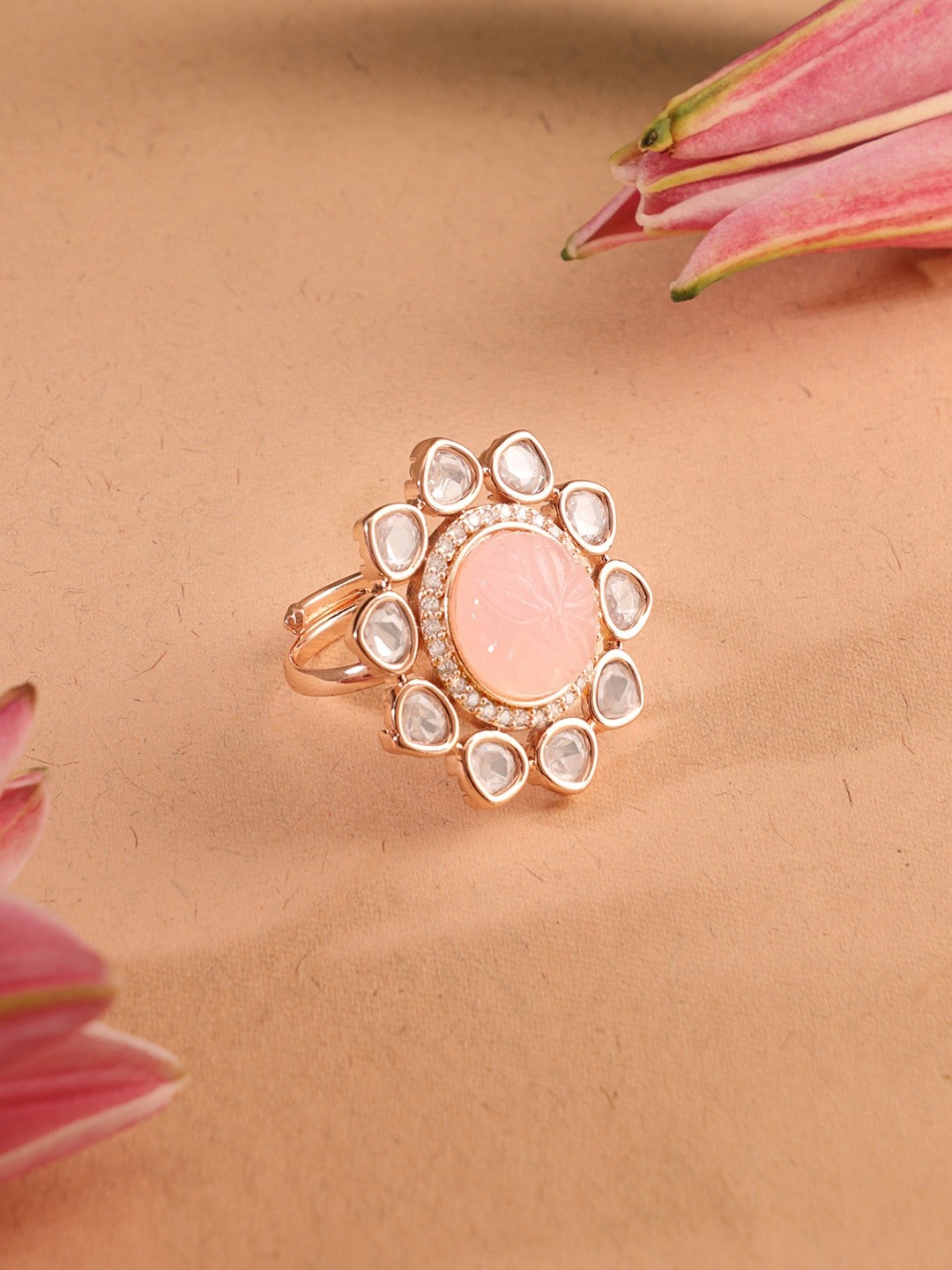 

AMI Rose Gold Plated CZ Studded Floral Shape Ring