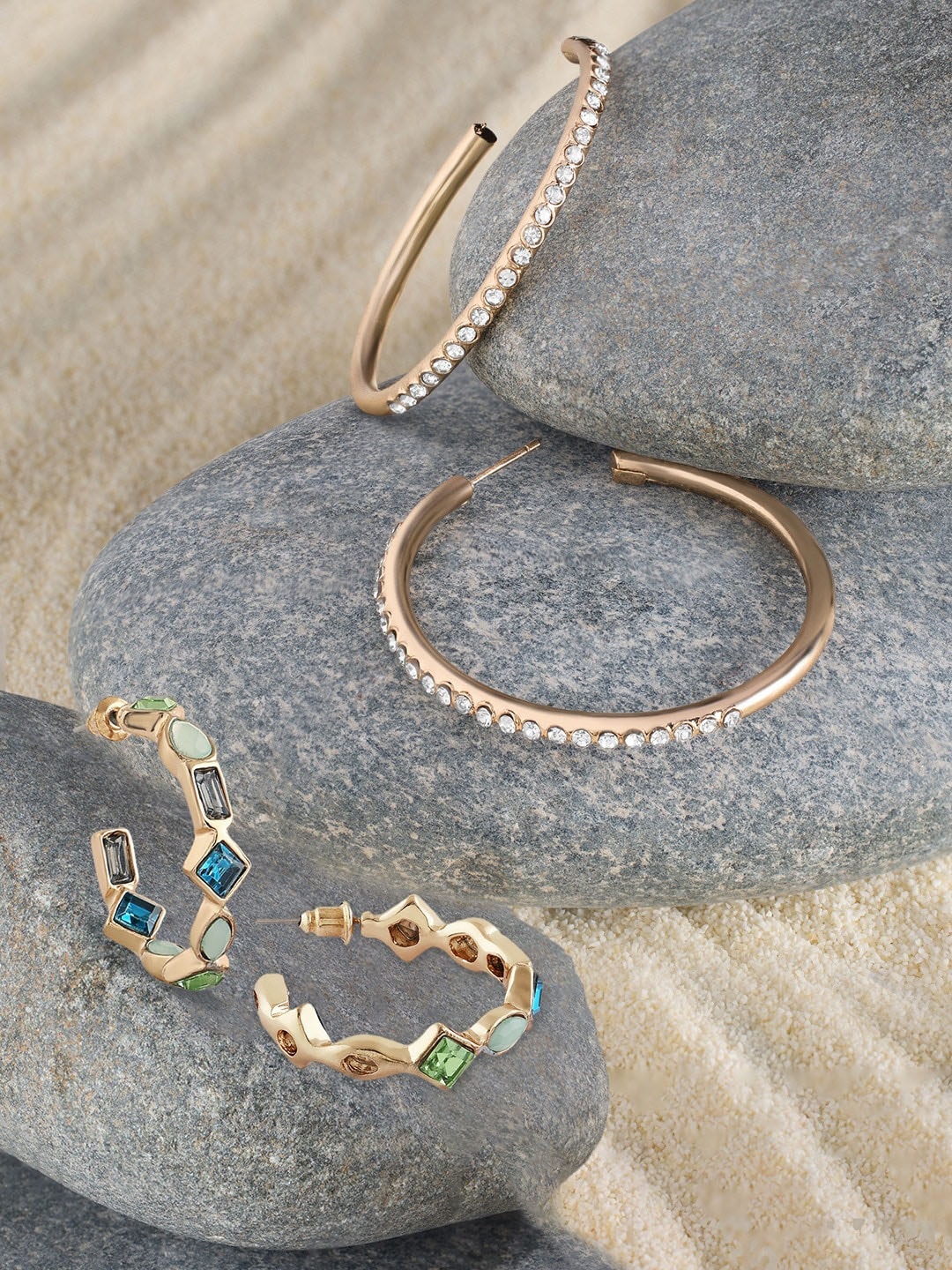 

AMI Set Of 2 Stone Studded Hoop Earrings, Gold