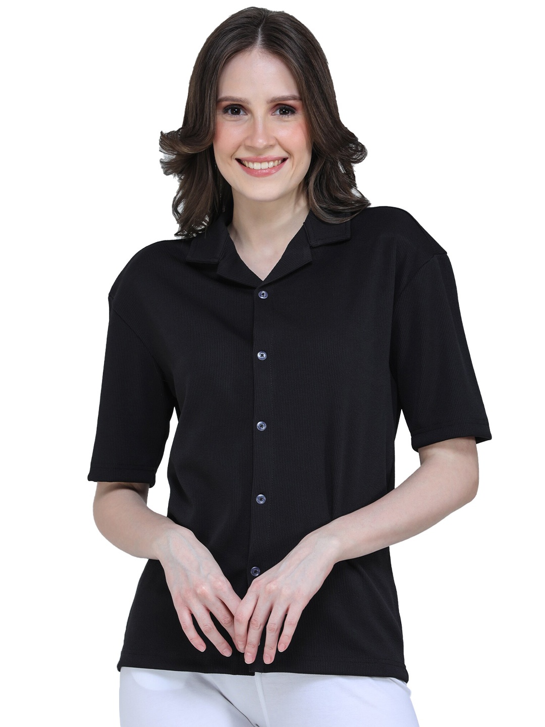 

CLAFOUTIS Relaxed Drop Shoulder Cuban Collar Casual Shirt, Black