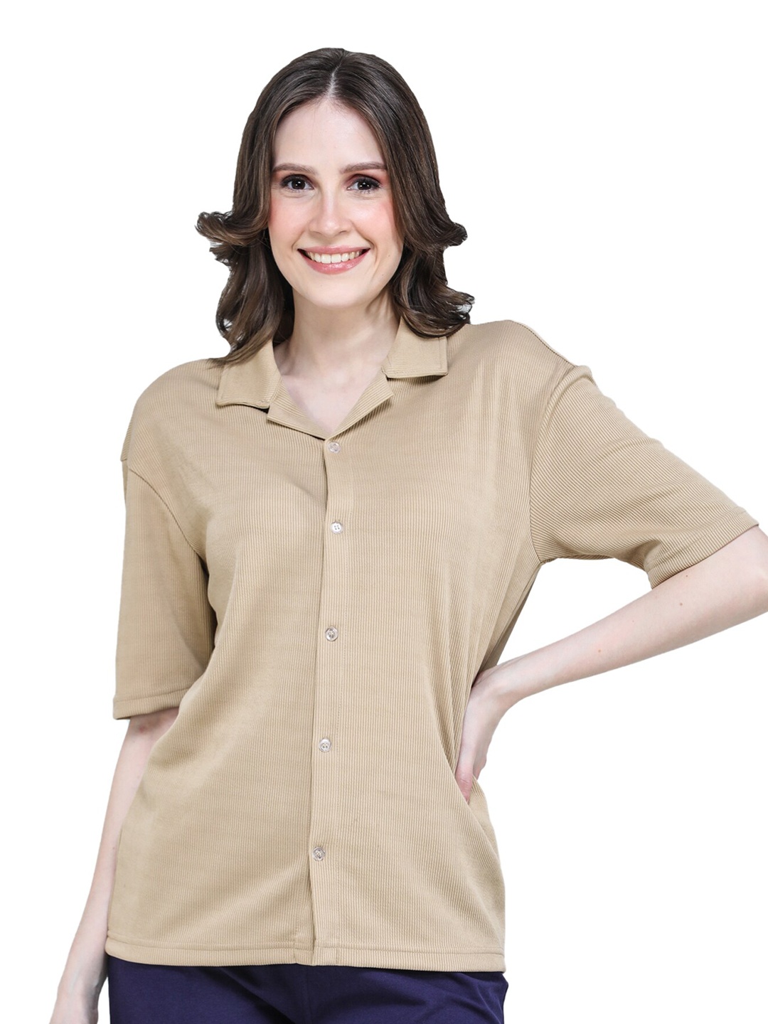 

CLAFOUTIS Relaxed Drop Shoulder Cuban Collar Casual Shirt, Camel brown