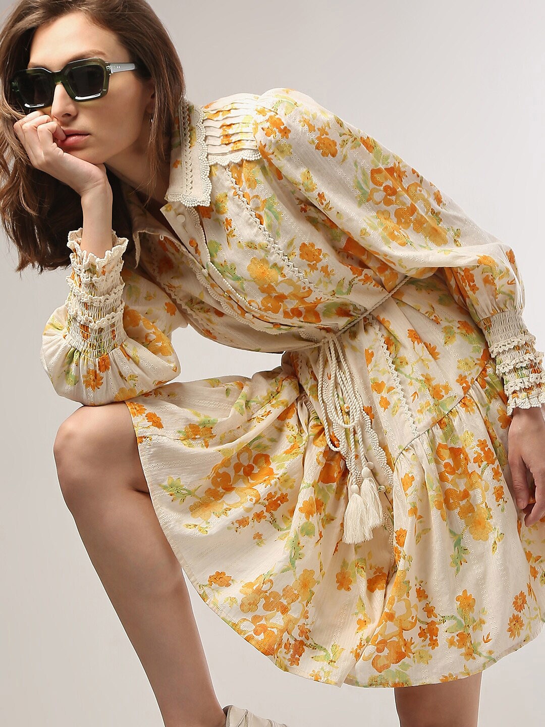 

Vero Moda Floral Print Puff Sleeve Cotton Fit & Flare Dress, Yellow