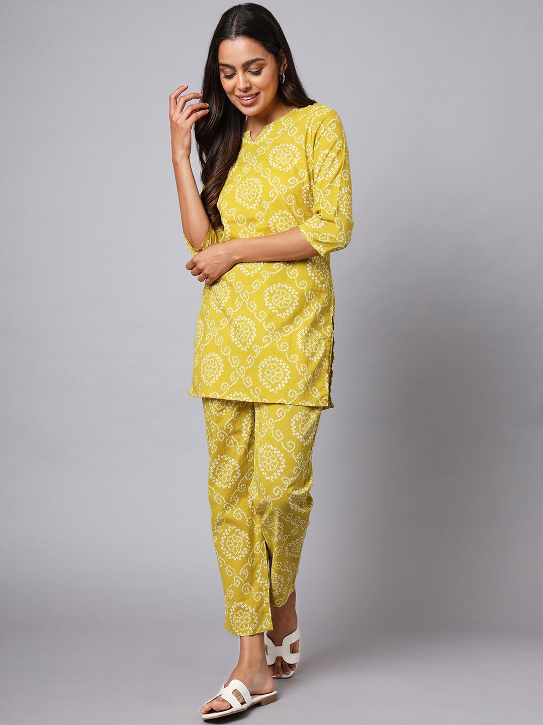

KALINI Bandhani Printed Cotton Tunic With Trousers, Yellow