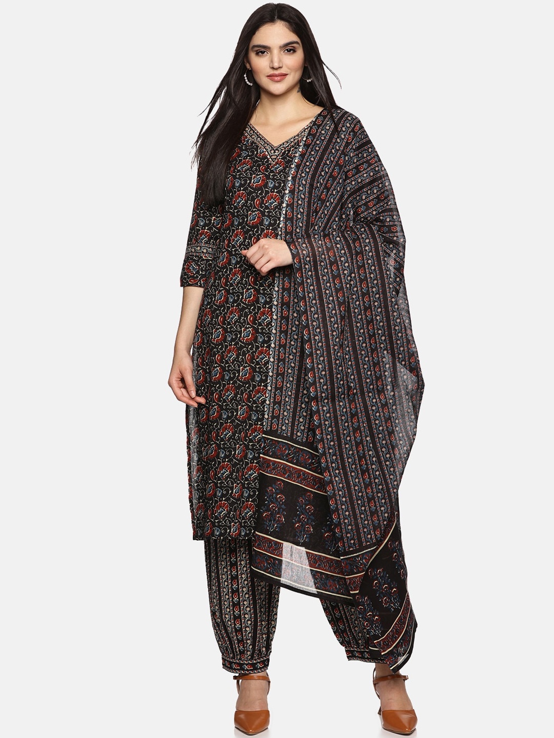 

Palakh Floral Printed Kantha Work Pure Cotton Kurta With Salwar & Dupatta, Black