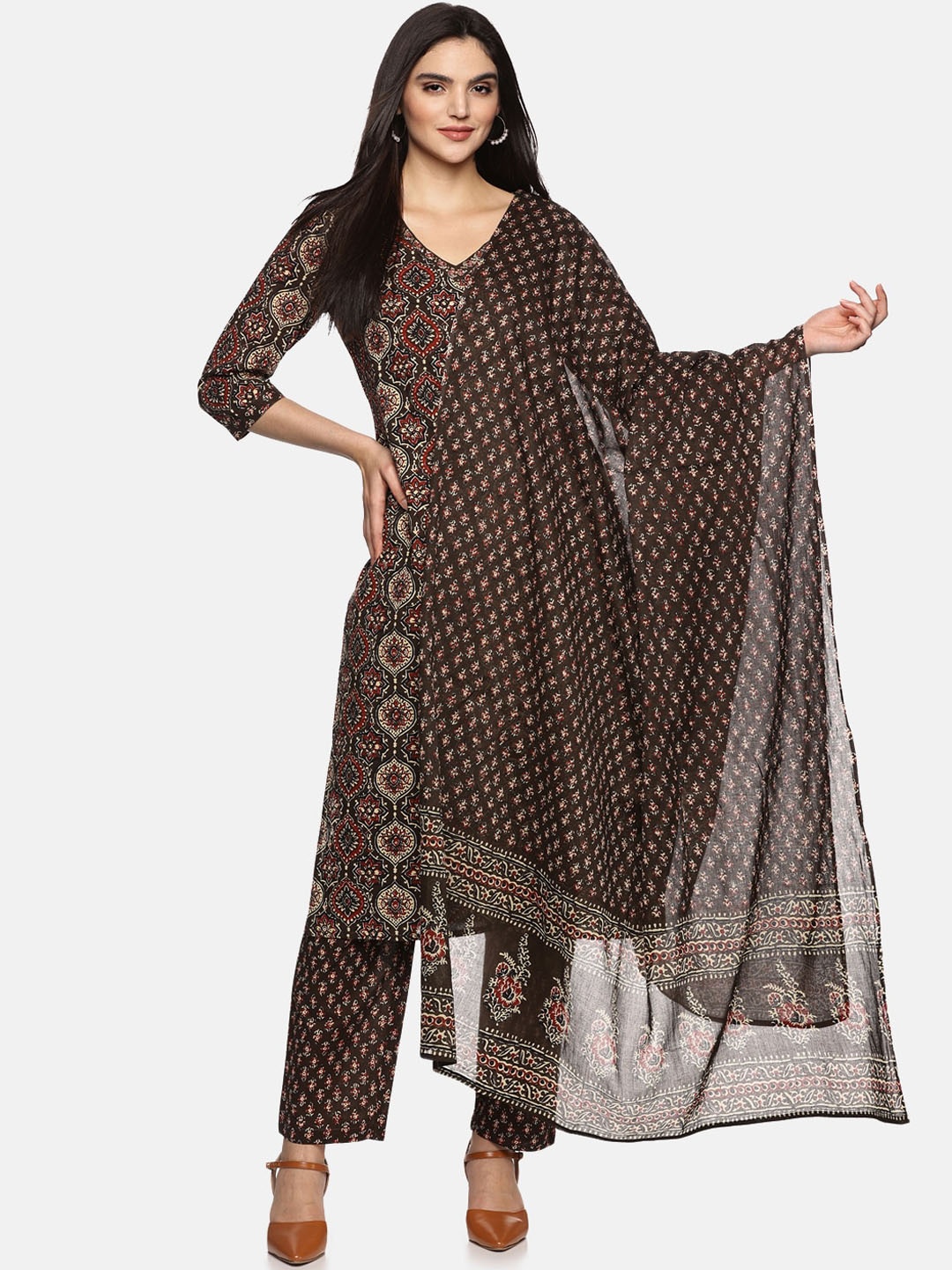 

Palakh Floral Printed Regular Kantha Work Pure Cotton Kurta with Trousers & Dupatta, Black