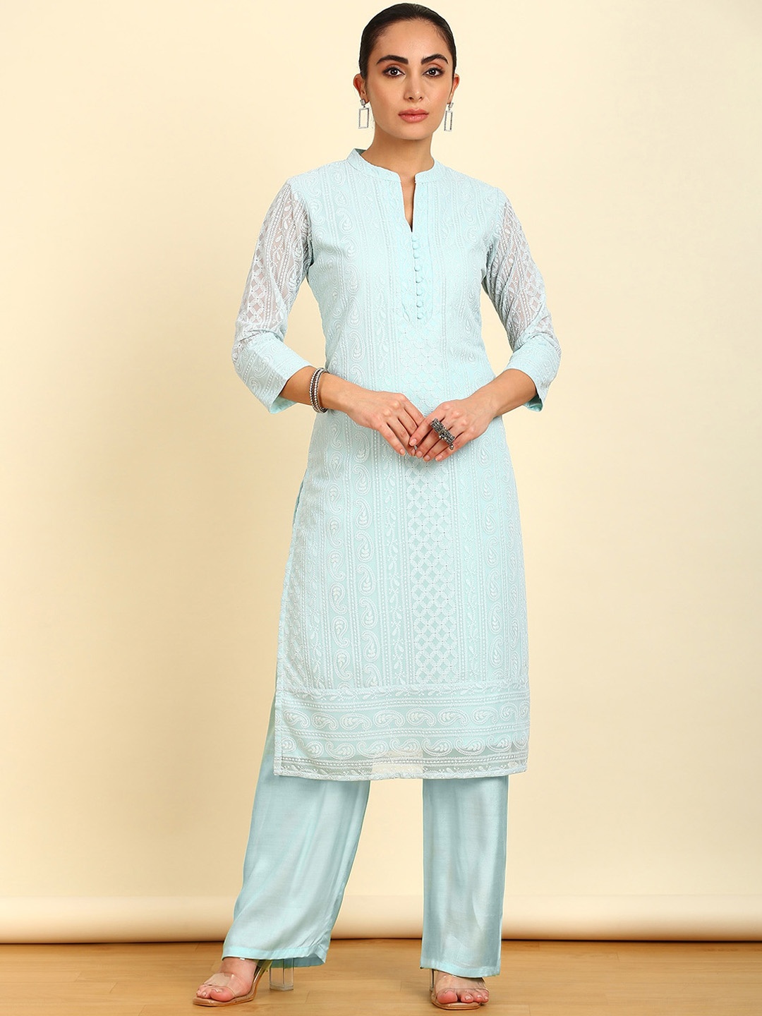 Soch Ethnic Motifs Thread Work Georgette Straight Kurta, Blue