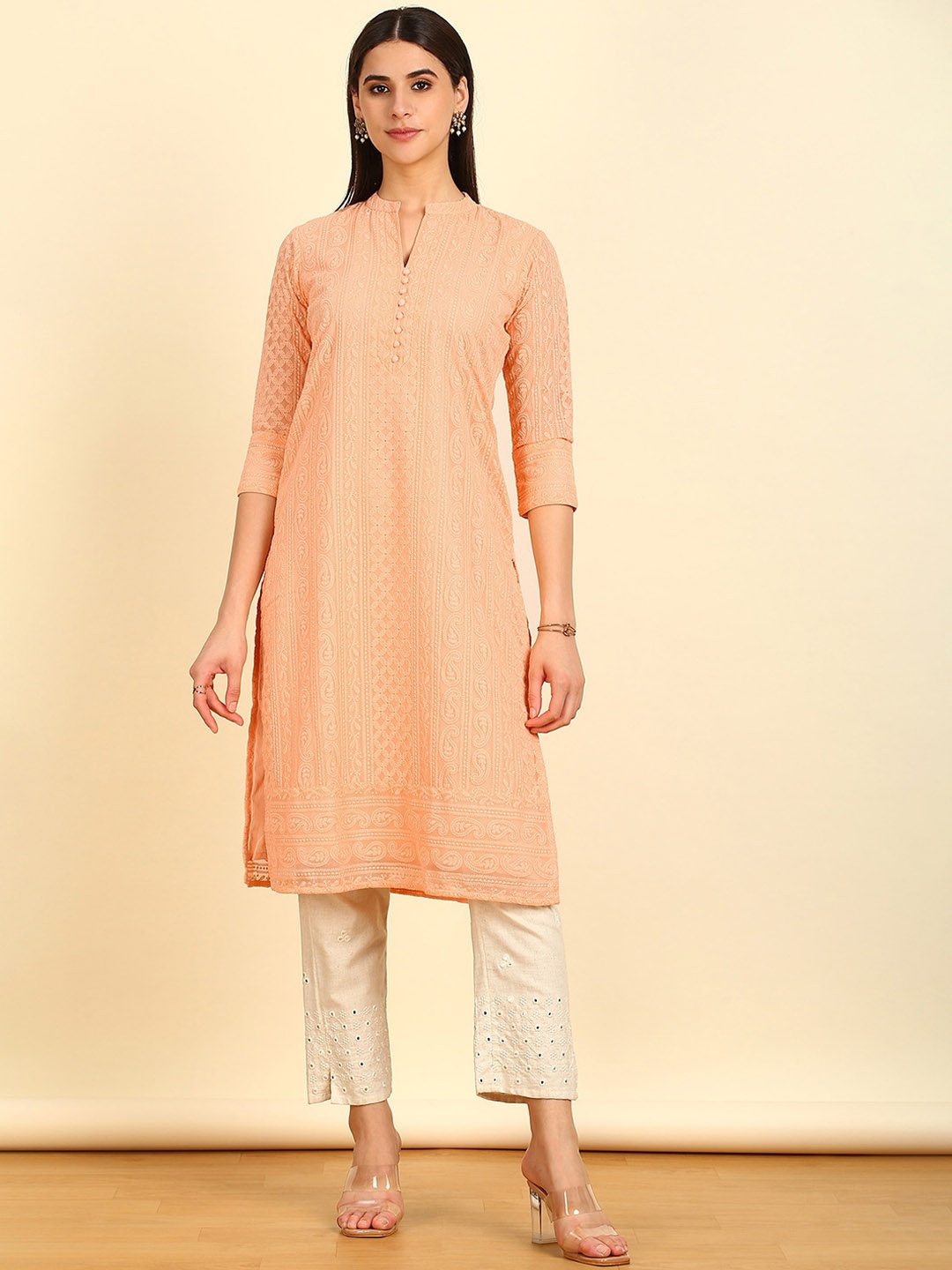 

Soch Ethnic Motifs Thread Work Georgette Straight Kurta, Peach