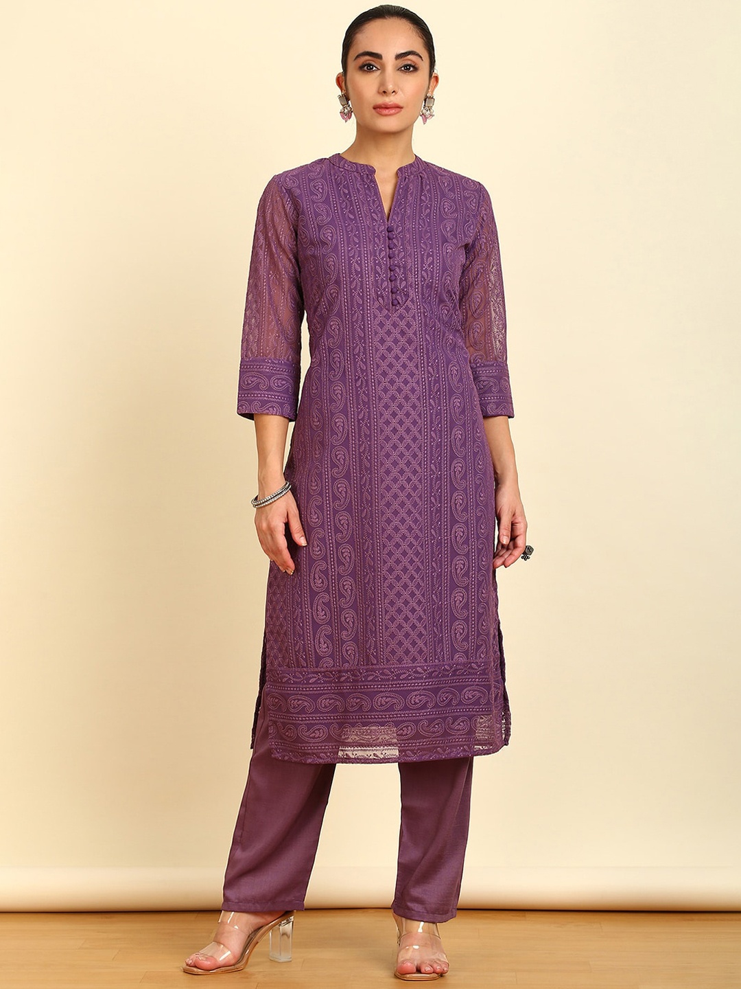 

Soch Ethnic Motifs Thread Work Georgette Straight Kurta, Purple