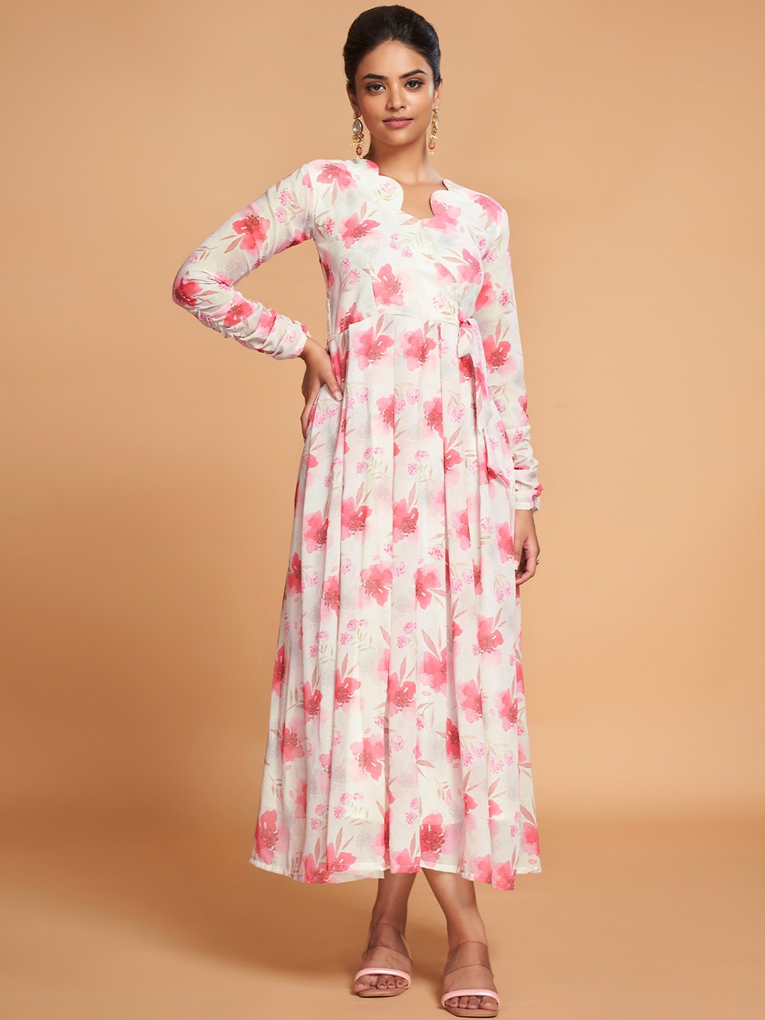 

ODETTE V Neck Floral Printed Long Sleeves Georgette Anarkali Kurta, White