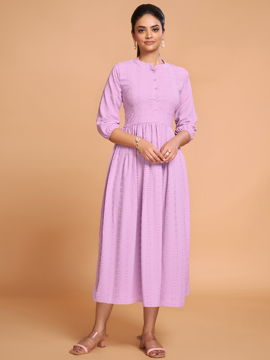 

ODETTE Printed Mandarin Collar Empire Kurta, Lavender