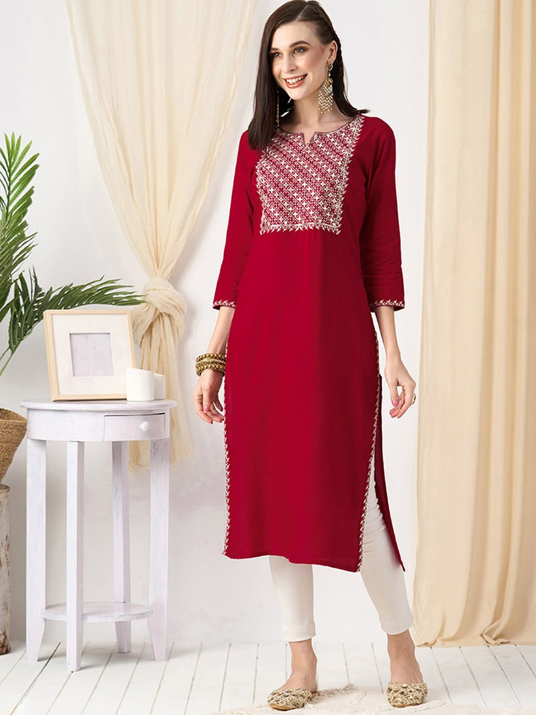 

ODETTE Notch Neck Yoke Design Flared Sleeves Mirror Work Kurta, Red