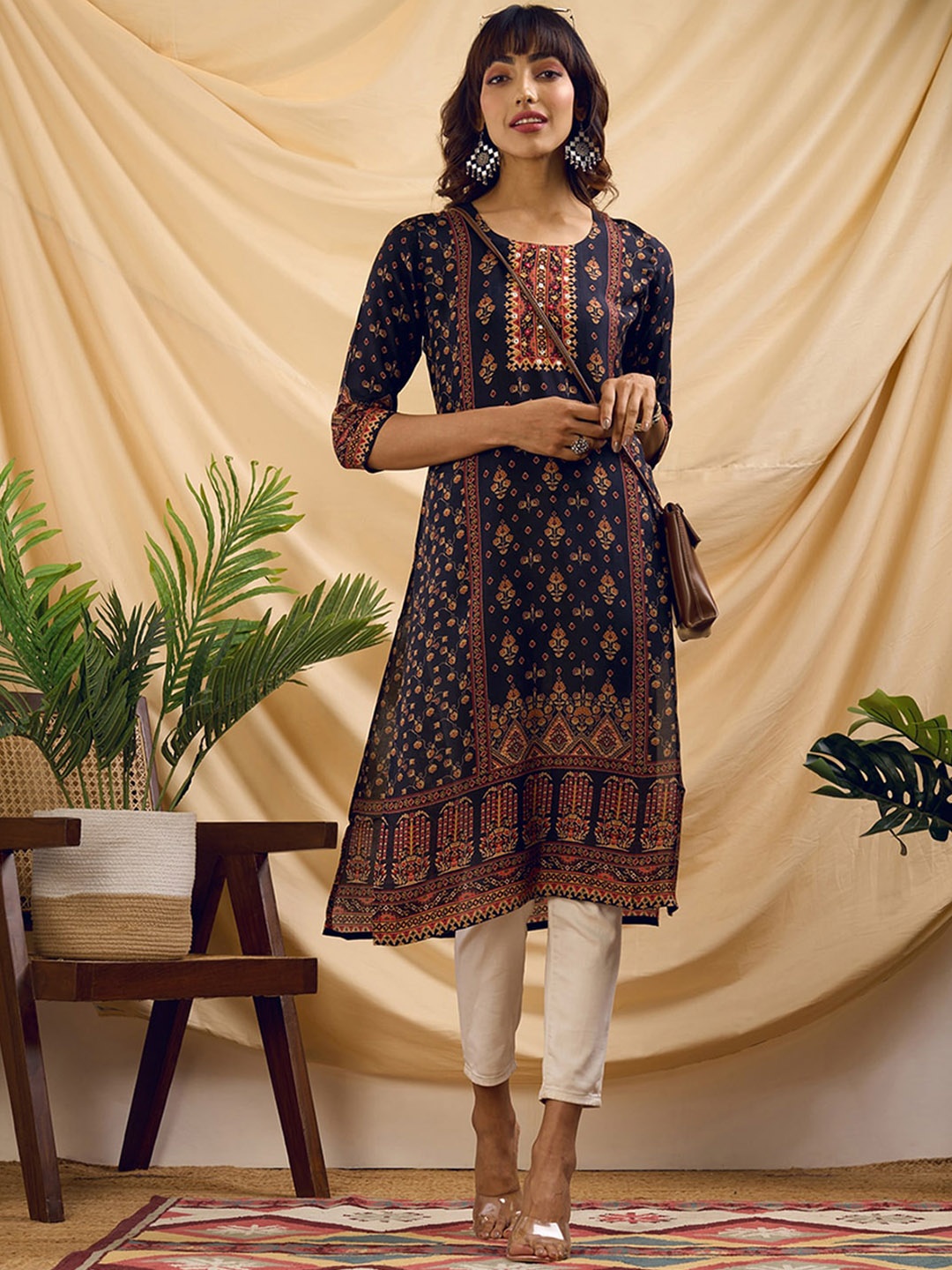 

ODETTE Round Neck Ethnic Motifs Printed Anarkali Kurta, Navy blue