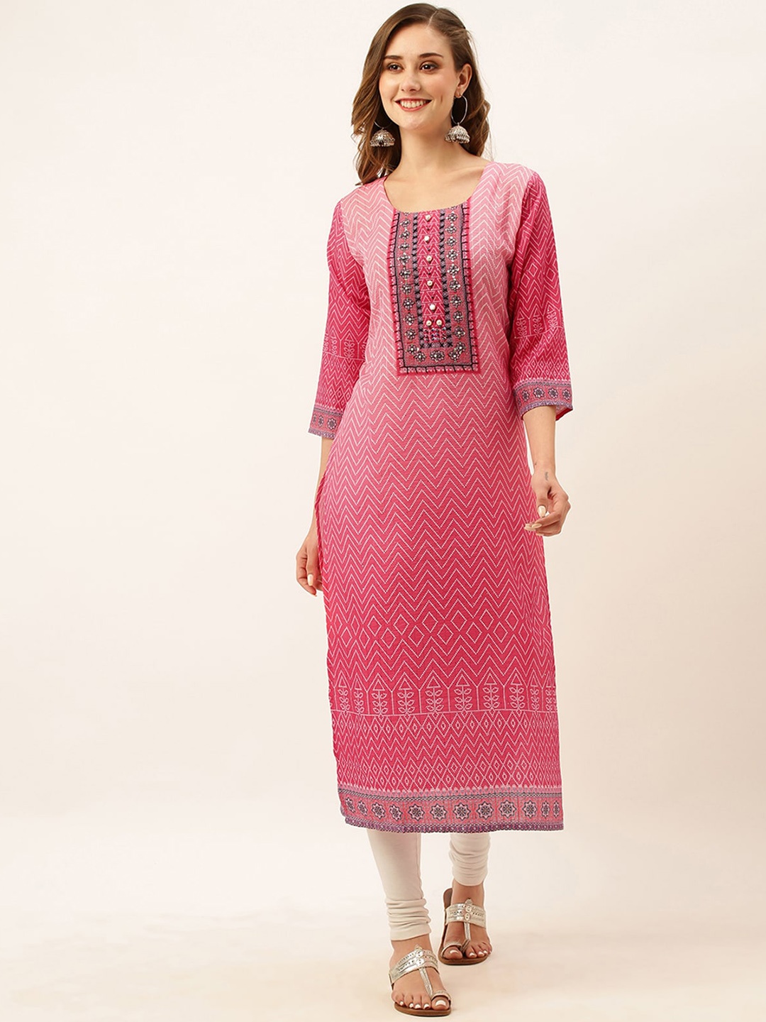

ODETTE Round Neck Geometric Printed Straight Kurta, Red