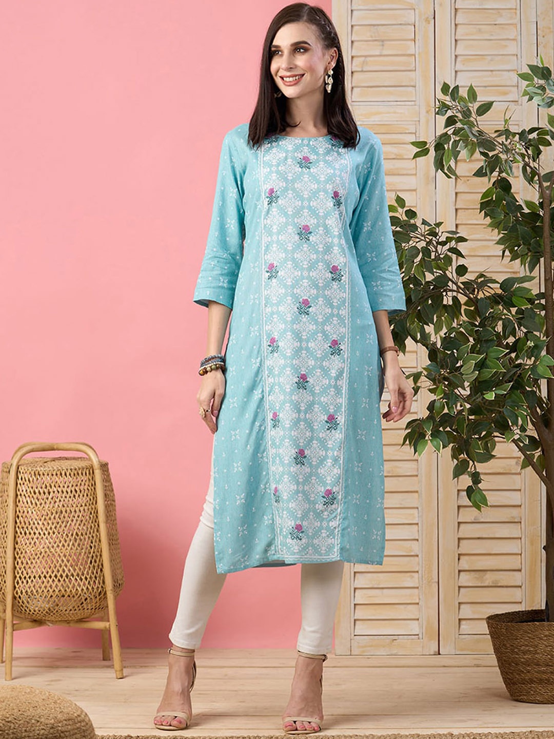 

ODETTE Floral Printed Round Neck Cotton Thread Work Kurta, Blue