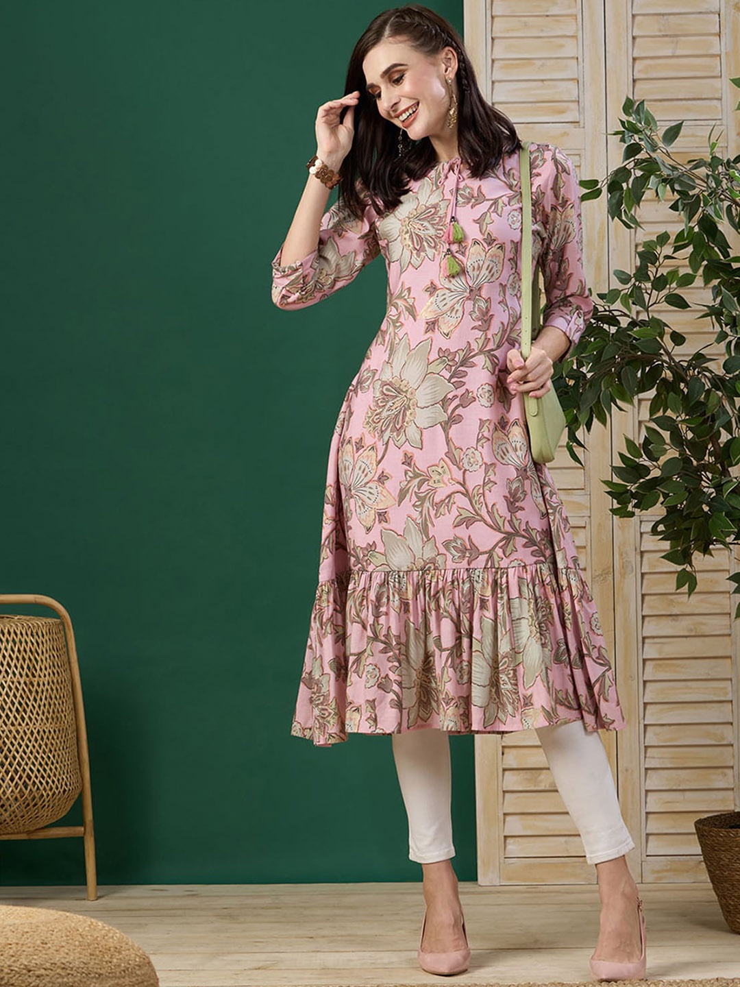 

ODETTE Printed Keyhole Neck Cotton Kurta, Pink