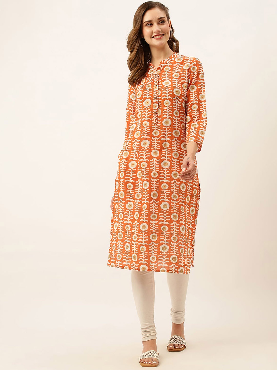 

ODETTE Ethnic Motifs Printed Mandarin Collar Cotton Straight Kurta, Orange