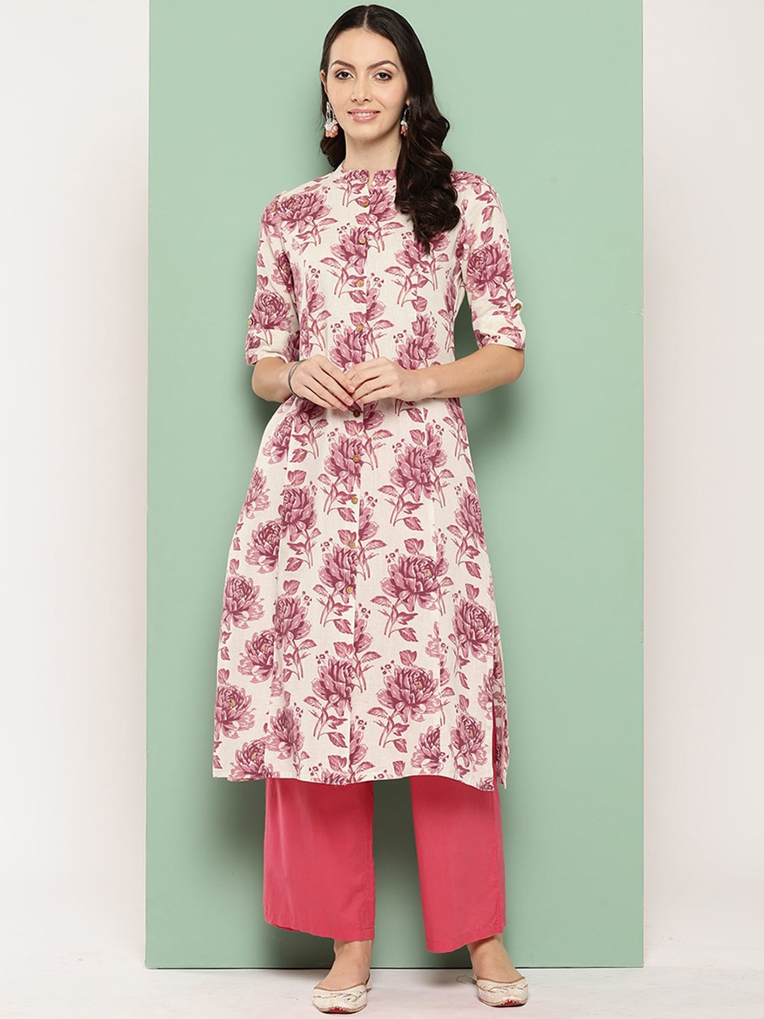 

ODETTE Floral Printed Mandarin Collar Straight Kurta, Pink
