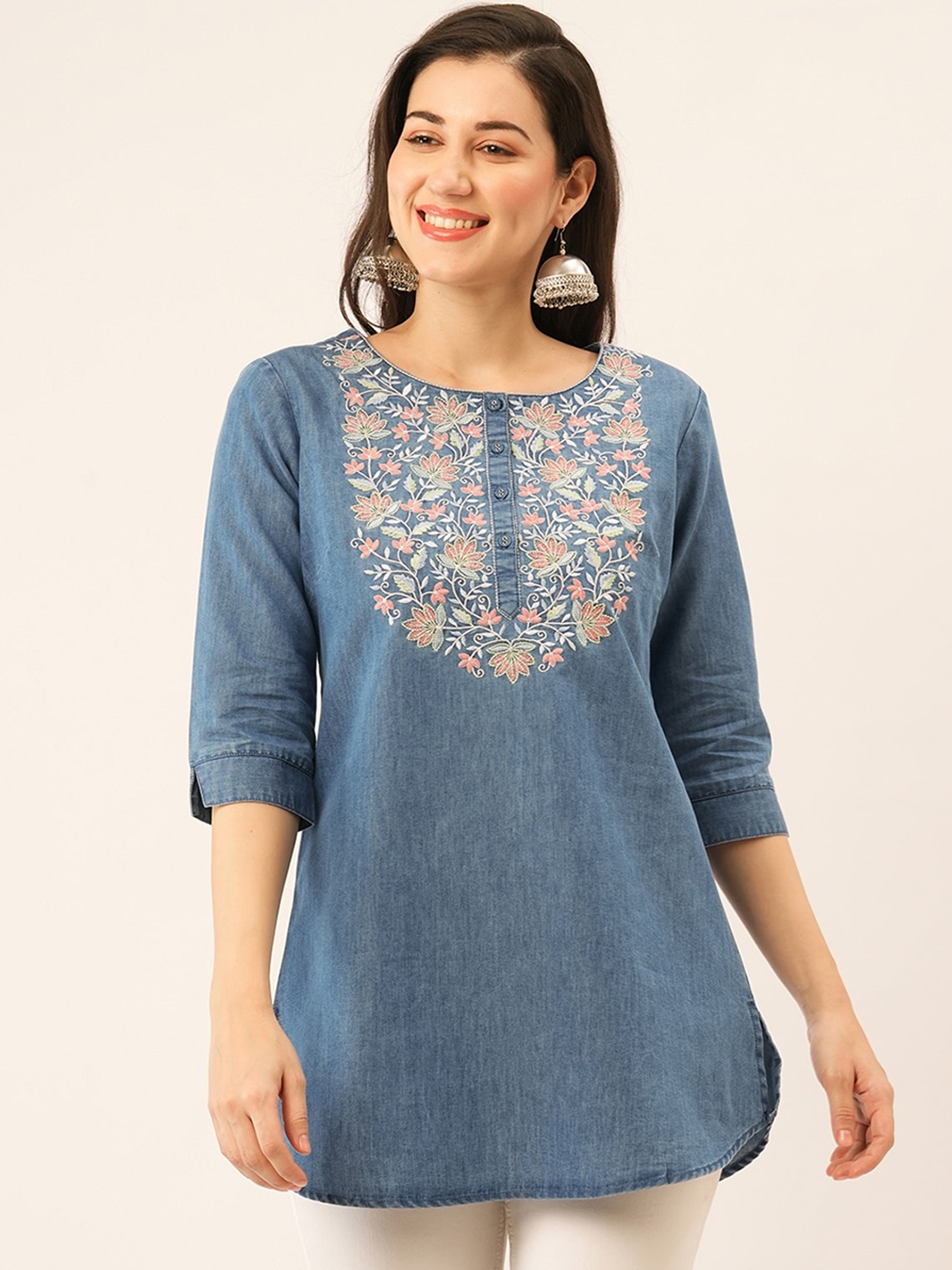 

ODETTE Three-Quarter Sleeves Round Neck Yoke Design Denim Kurta, Blue