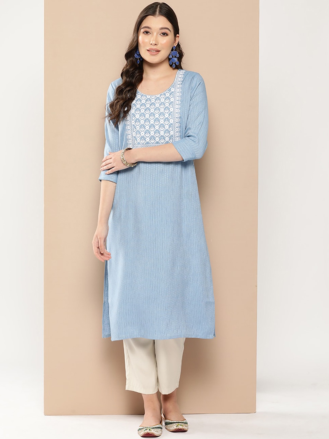 

ODETTE Ethnic Motifs Yoke Design Thread Work Straight Kurta, Blue