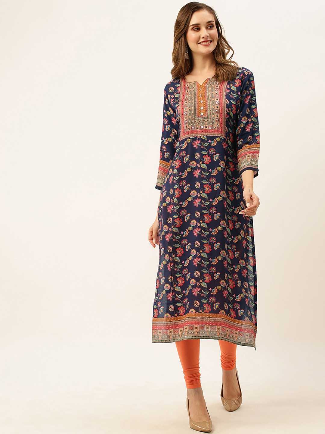 ODETTE Floral Printed Notch Neck Straight Kurta, Blue