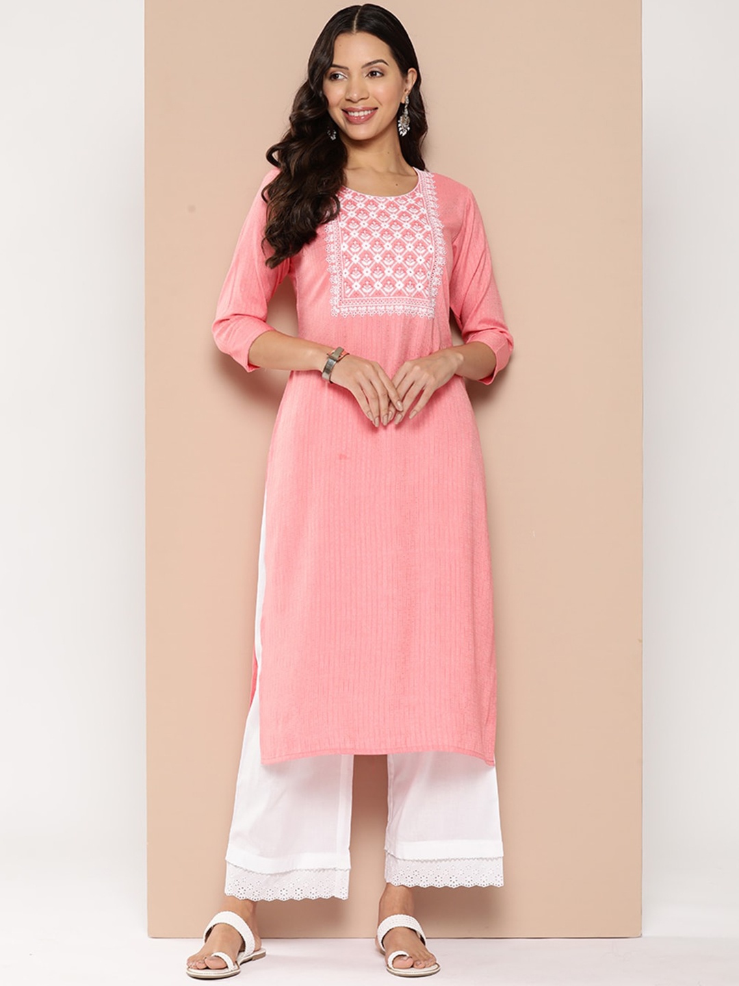 

ODETTE Ethnic Motifs Three-Quarter Sleeves Round Neck Cotton Yoke Design Mirror Work Kurta, Peach