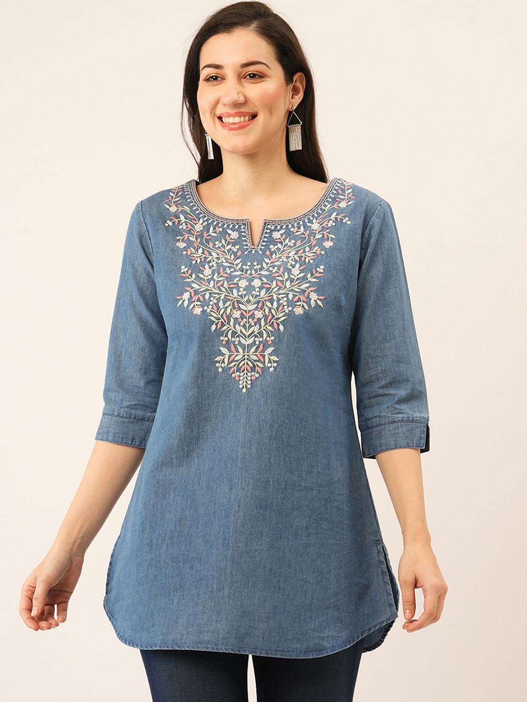 

ODETTE Floral Embroidery Notch Neck Kurti, Blue