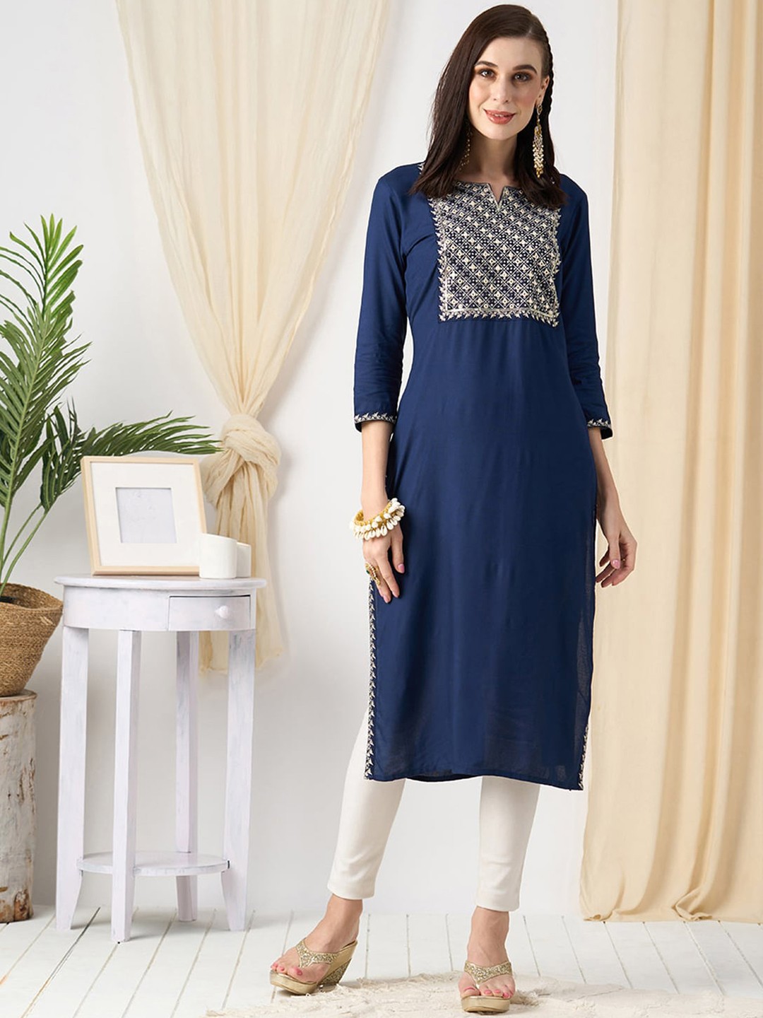 

ODETTE Yoke Design Thread Work Notch Neck Straight Kurta, Navy blue