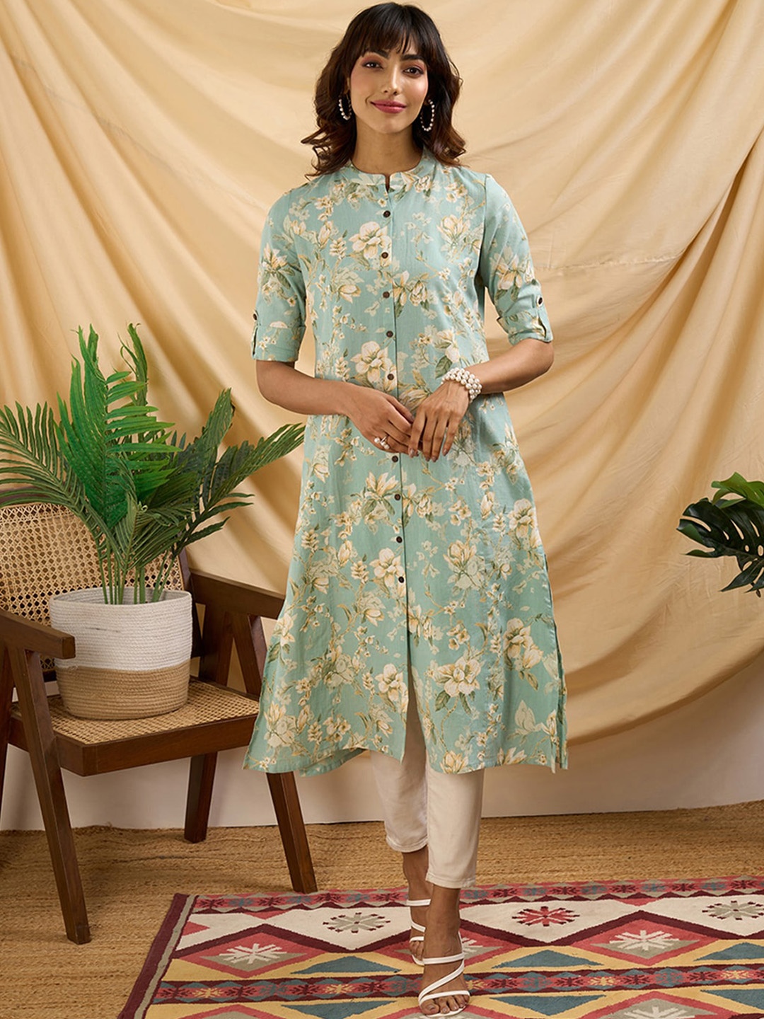 

ODETTE Mandarin Collar Floral Printed Cotton Anarkali Kurta, Blue