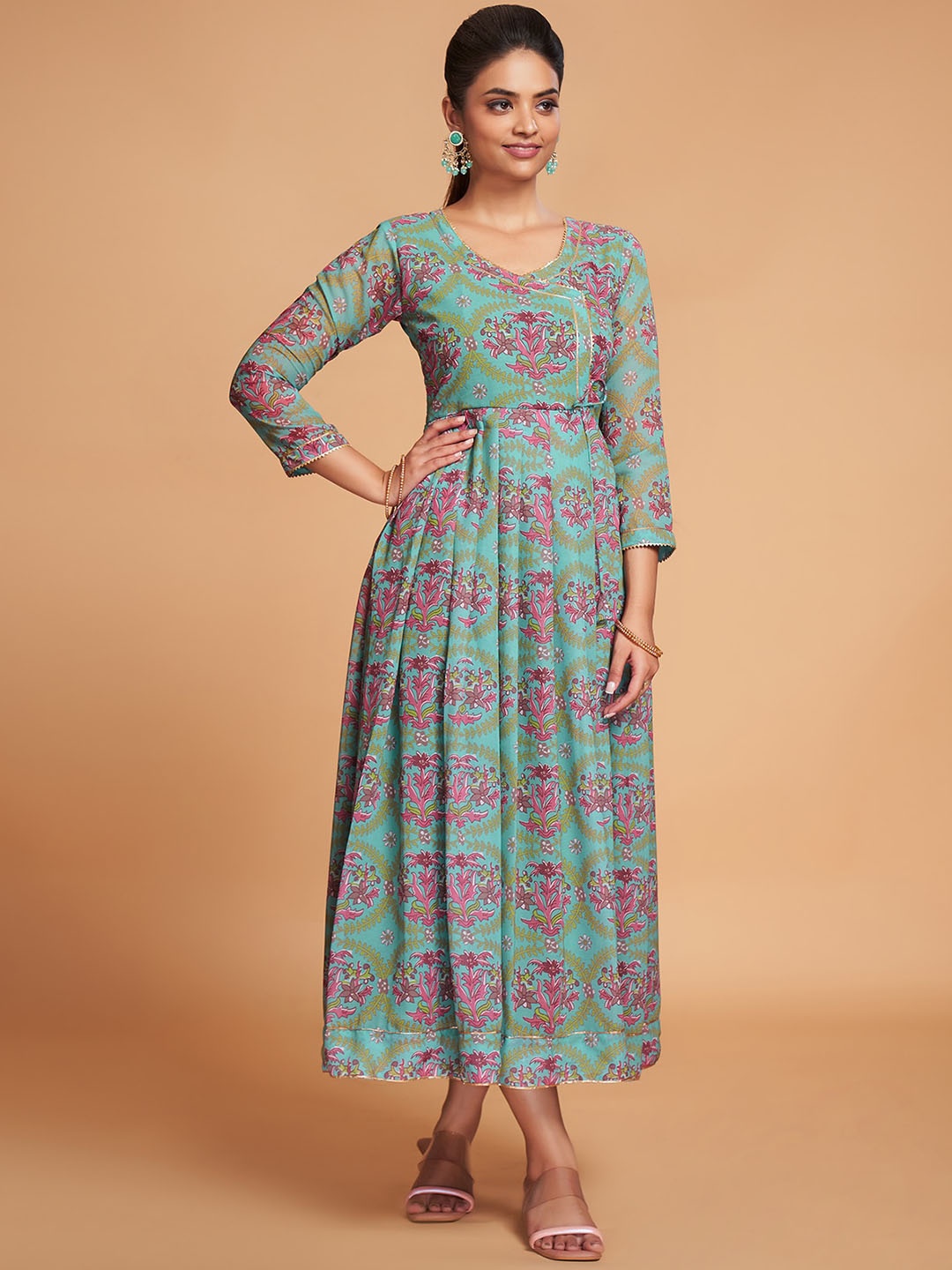 

ODETTE Scoop Neck Ethnic Motifs Printed Gotta Patti A Line Georgette Kurta, Purple