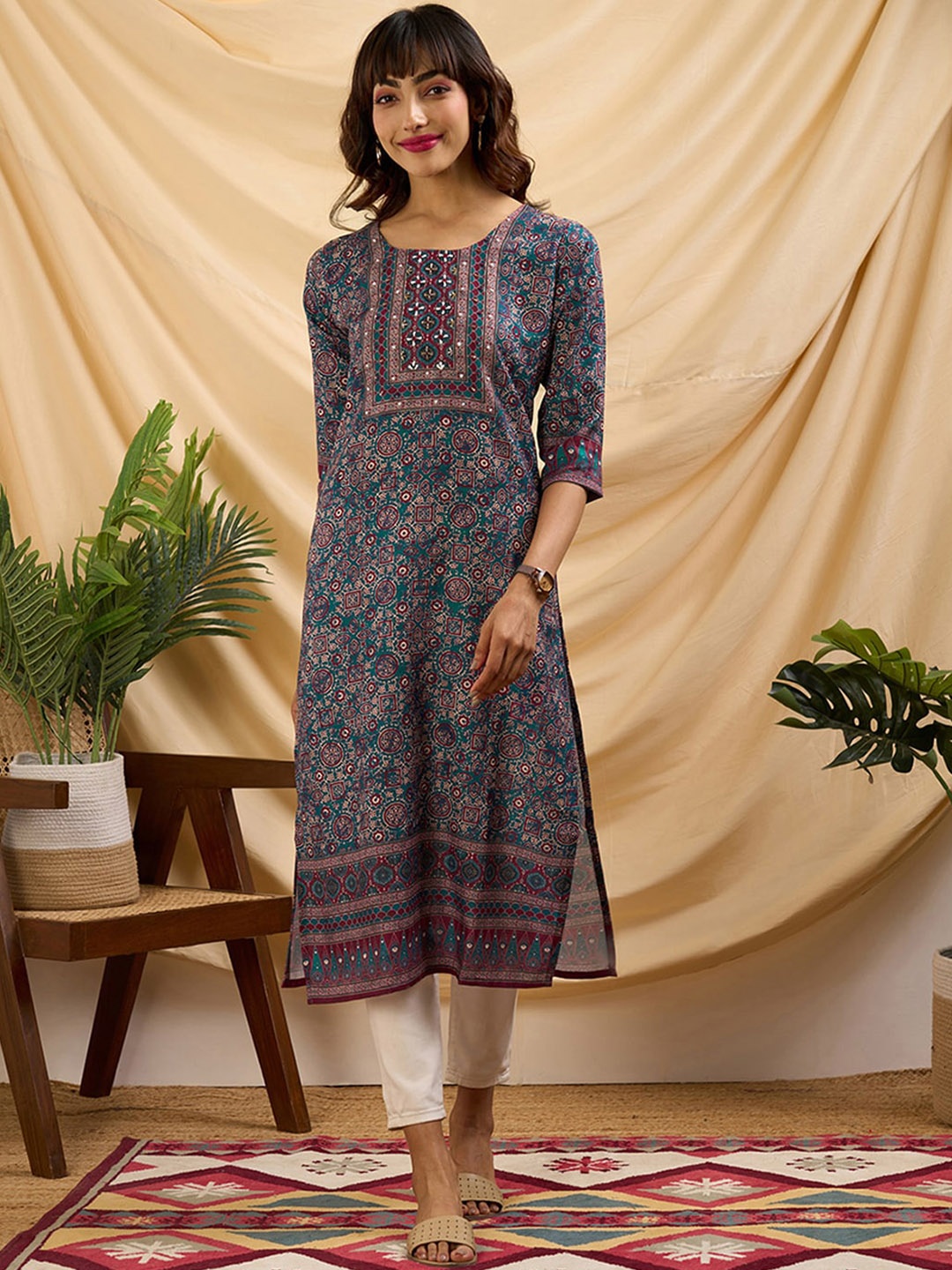 

ODETTE Printed Round Neck Straight Kurta, Teal
