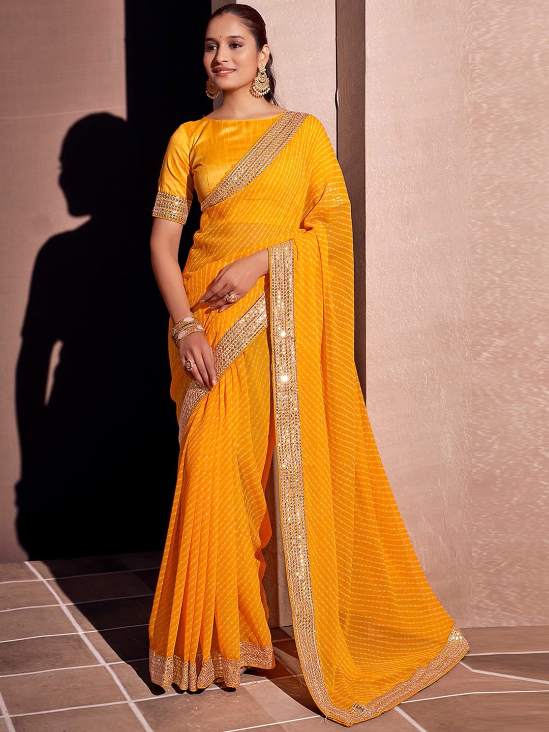 

Satrani Printed Sequinned Pure Georgette Leheriya Saree, Yellow