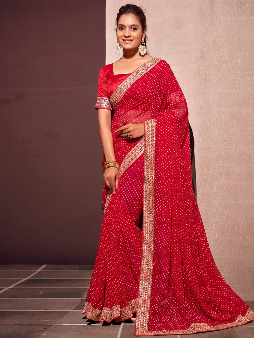

Satrani Printed Sequinned Pure Georgette Leheriya Saree, Red