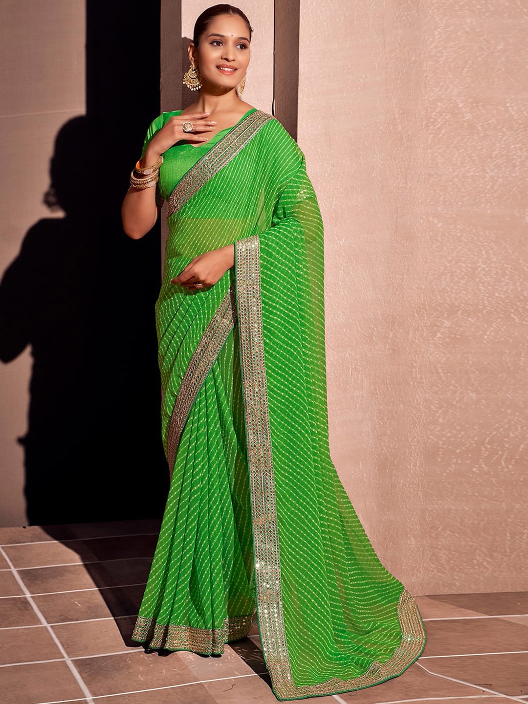 

Satrani Printed Sequinned Pure Georgette Leheriya Saree, Green