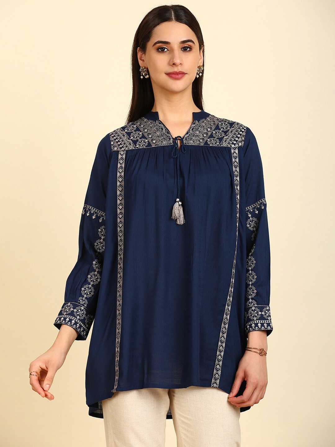 

Soch Mandarin Collar Embroidered Tunic, Blue