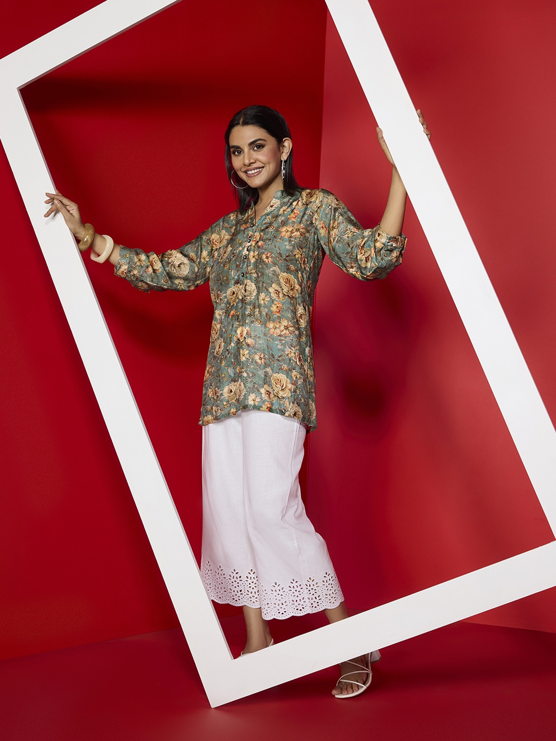 

Soch Floral Printed Mandarin Collar Tunic, Turquoise blue