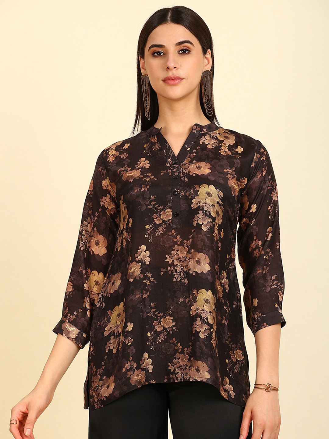 

Soch Mandarin Collar Floral Printed Tunic, Black