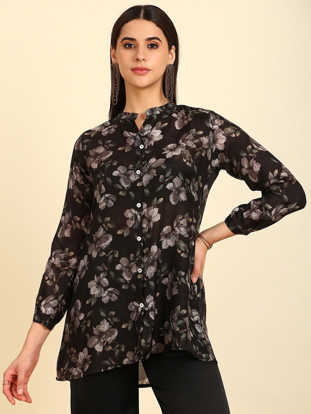 

Soch Mandarin Collar Floral Printed Tunic, Black