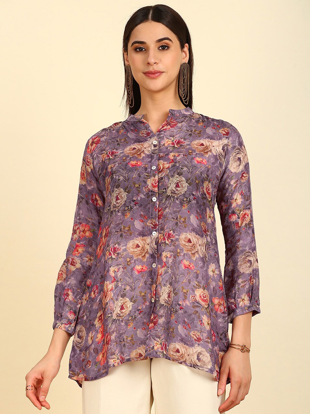 

Soch Mandarin Collar Floral Printed Tunic, Purple