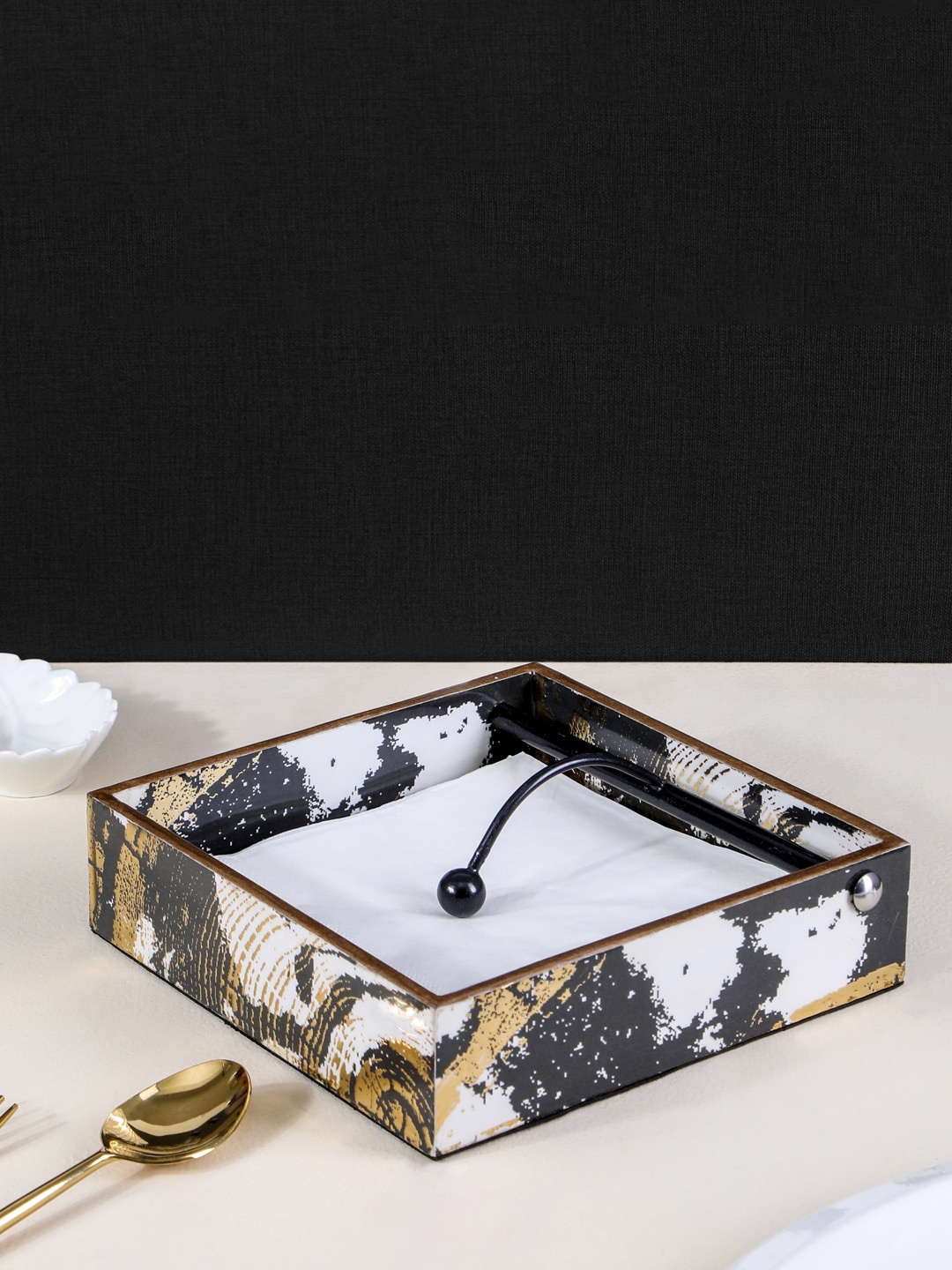 

THE HOME CO. White & Gold Toned Printed Tissue Holder