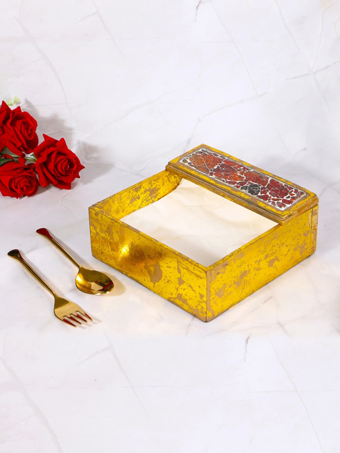 

THE HOME CO. Red & Yellow Square Tissue Wooden Holder