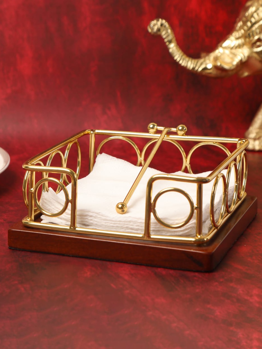 

THE HOME CO. Brown & Gold Toned Textured Wooden Tissue Holder