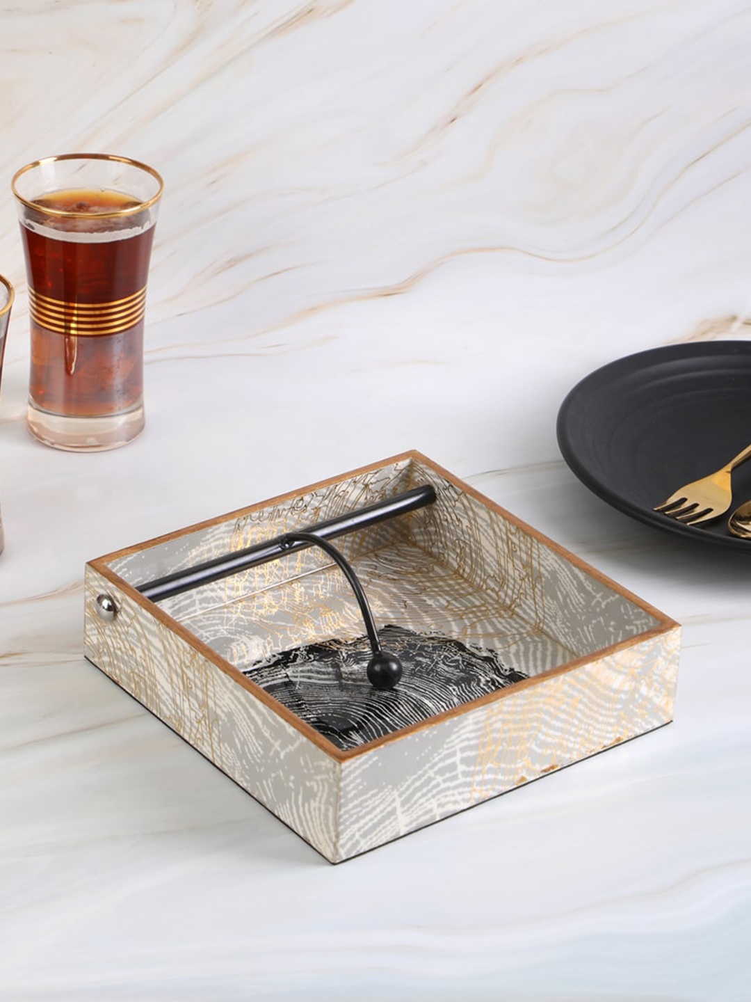 

THE HOME CO. Grey & Gold Toned Printed Wooden Tissue Holder