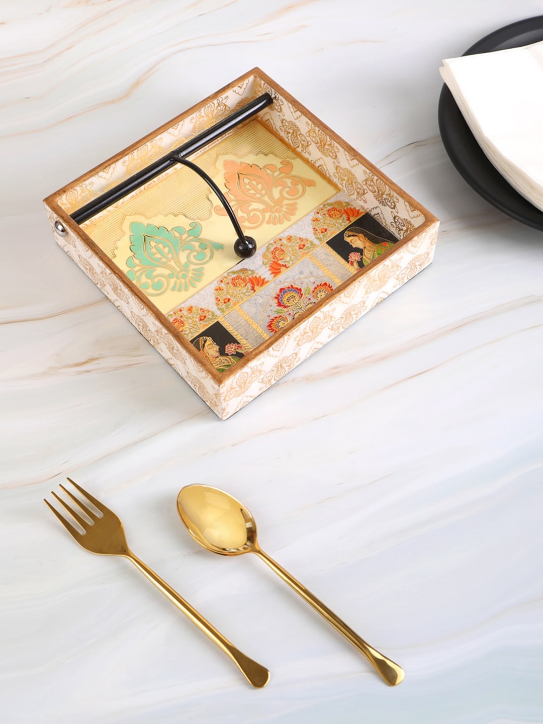 

THE HOME CO. Twig Brown & Gold Toned Printed Wooden Tissue Holder