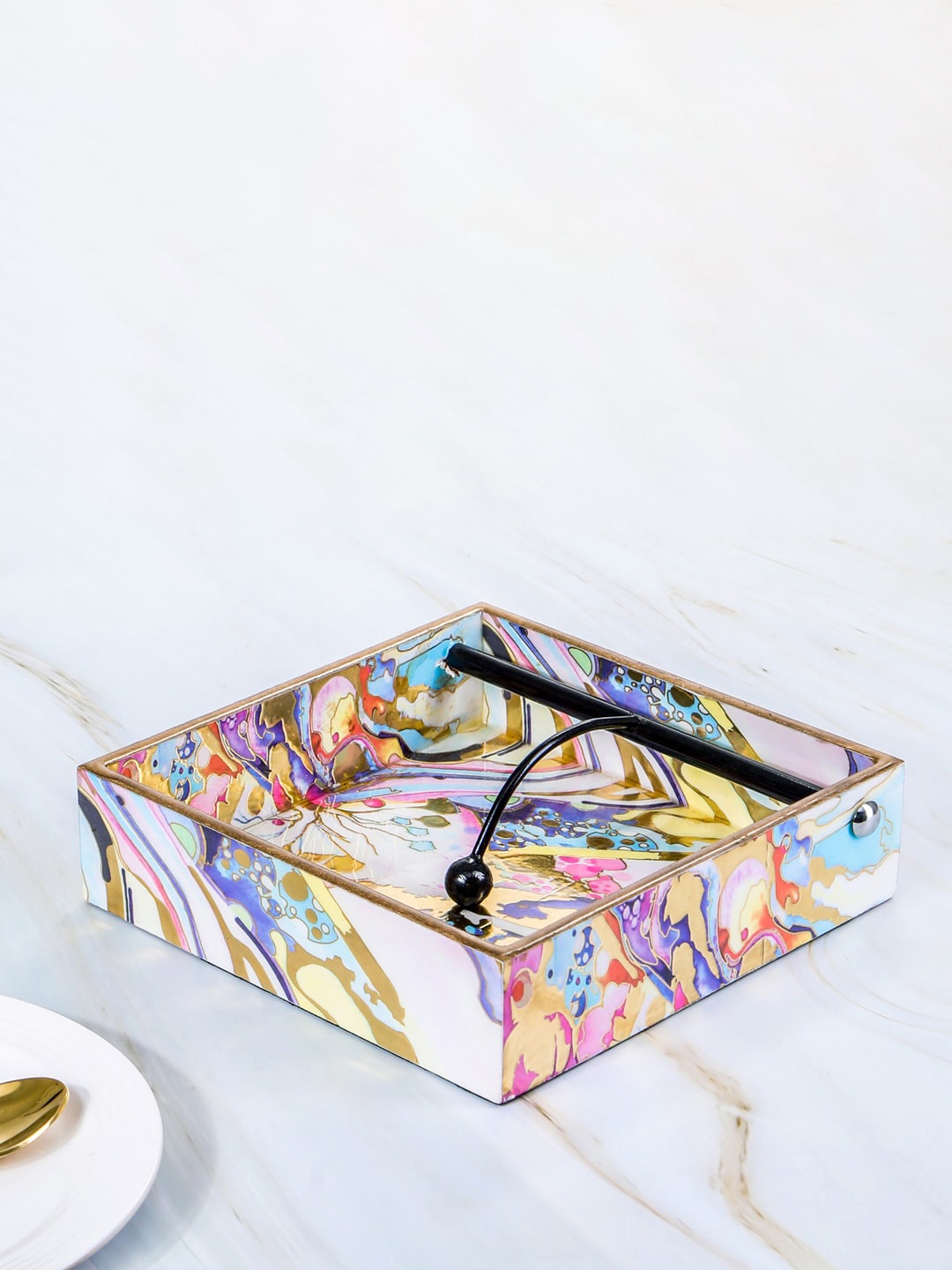 

THE HOME CO. Splash Pink & Purple Printed Wooden Square Tissue Holder