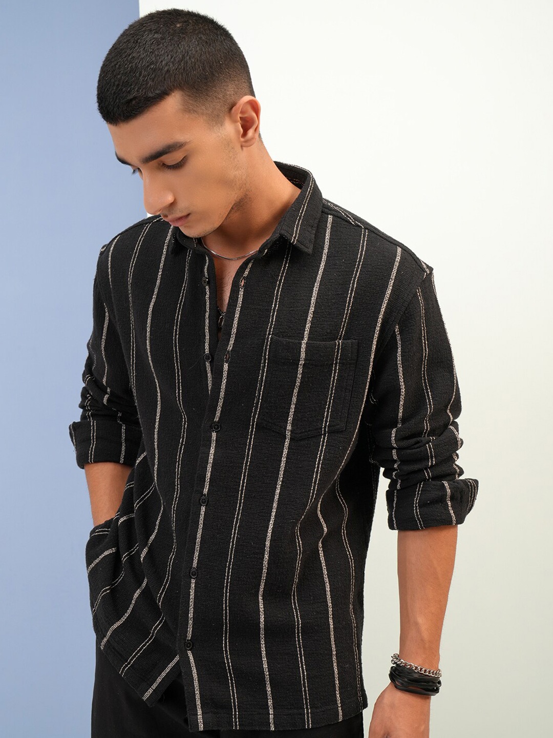 

Highlander Men Textured Dobby Striped Relaxed Shirt, Black