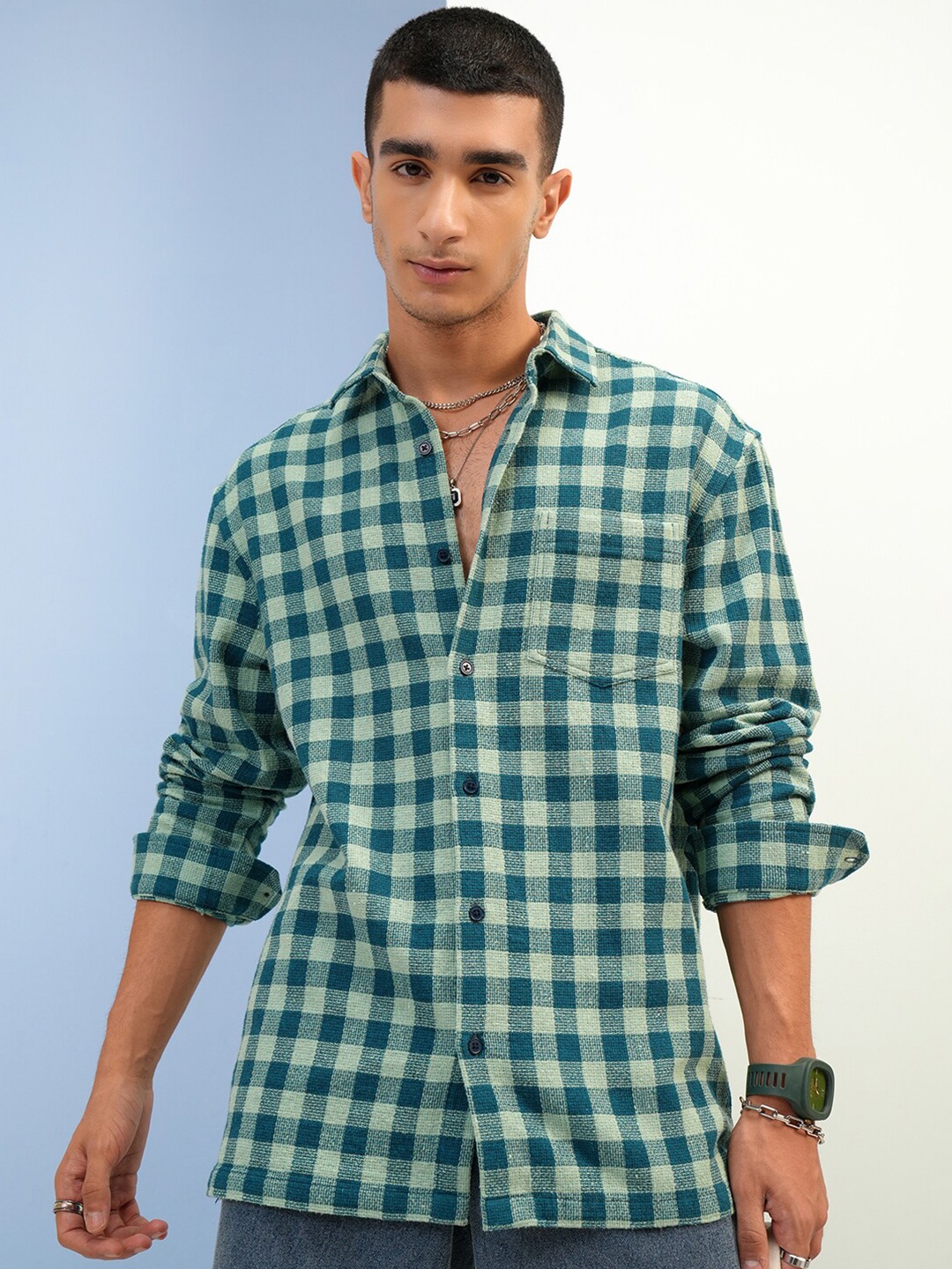 

Highlander Men Textured Dobby Checked Relax Fit Shirt, Green
