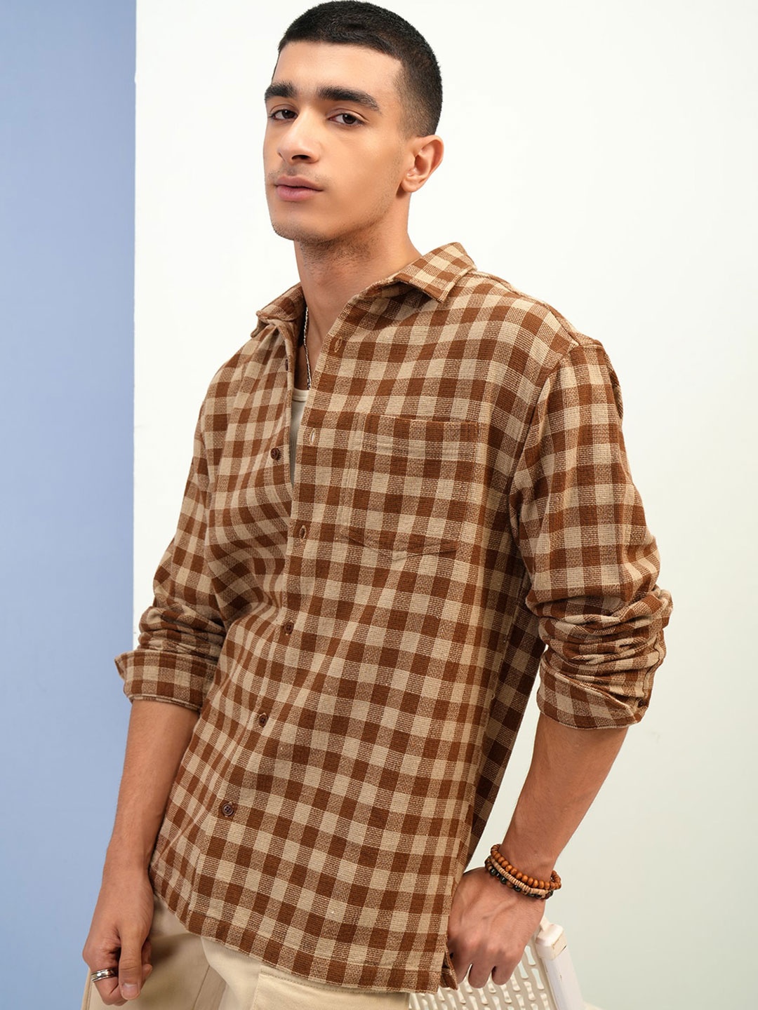 

Highlander Men Textured Dobby Checked Relax Fit Shirt, Beige