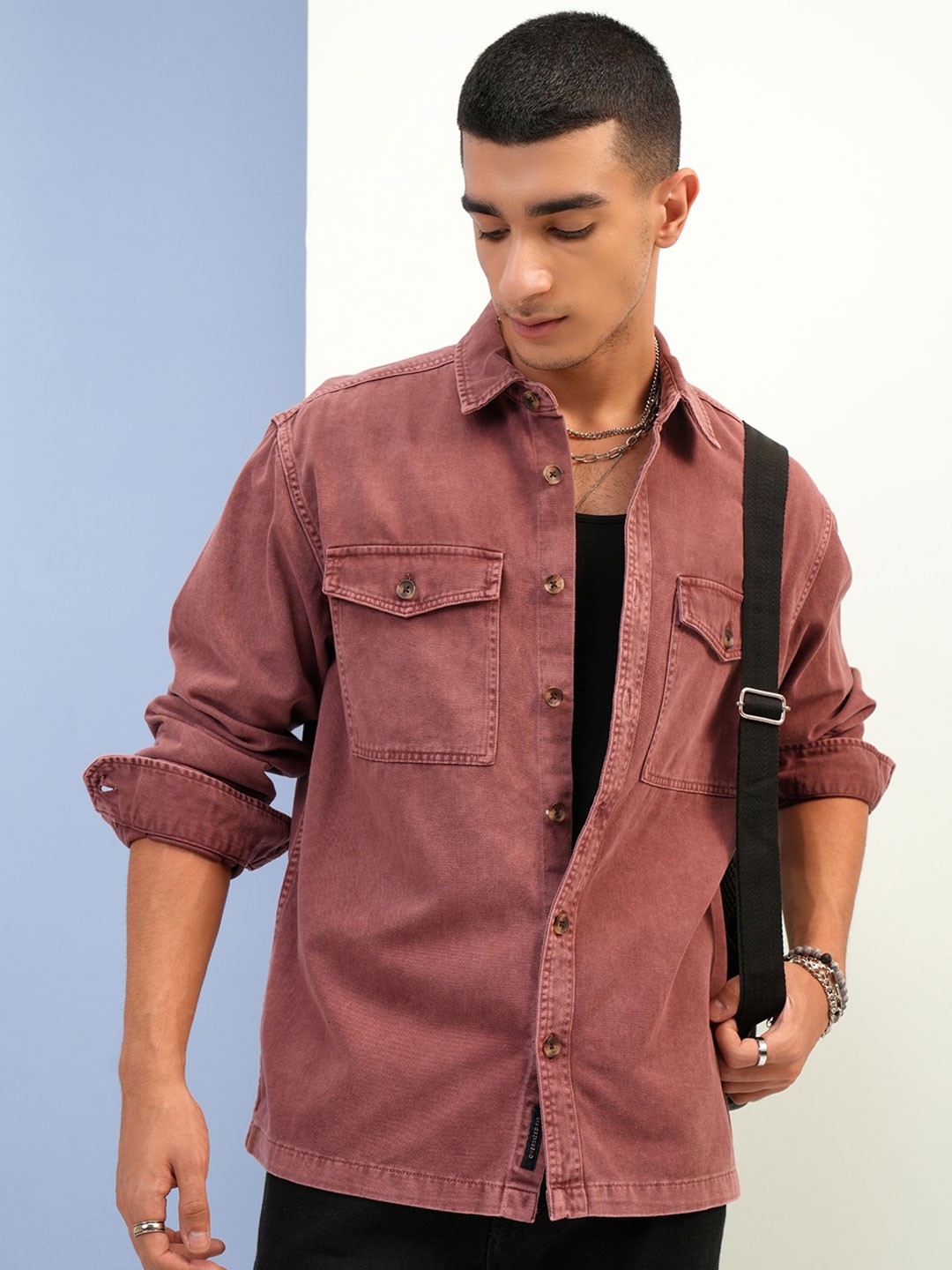 

HIGHLANDER Spread Collar Curved Cotton Oversized Casual Shirt, Brown