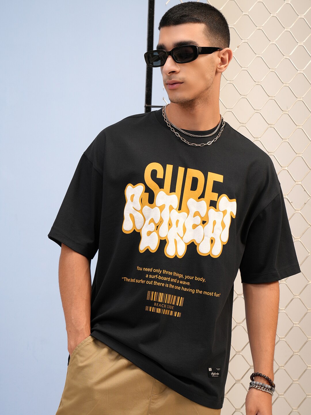 HIGHLANDER Typography Puff Printed Drop-Shoulder Sleeves Oversized T-shirt, Black