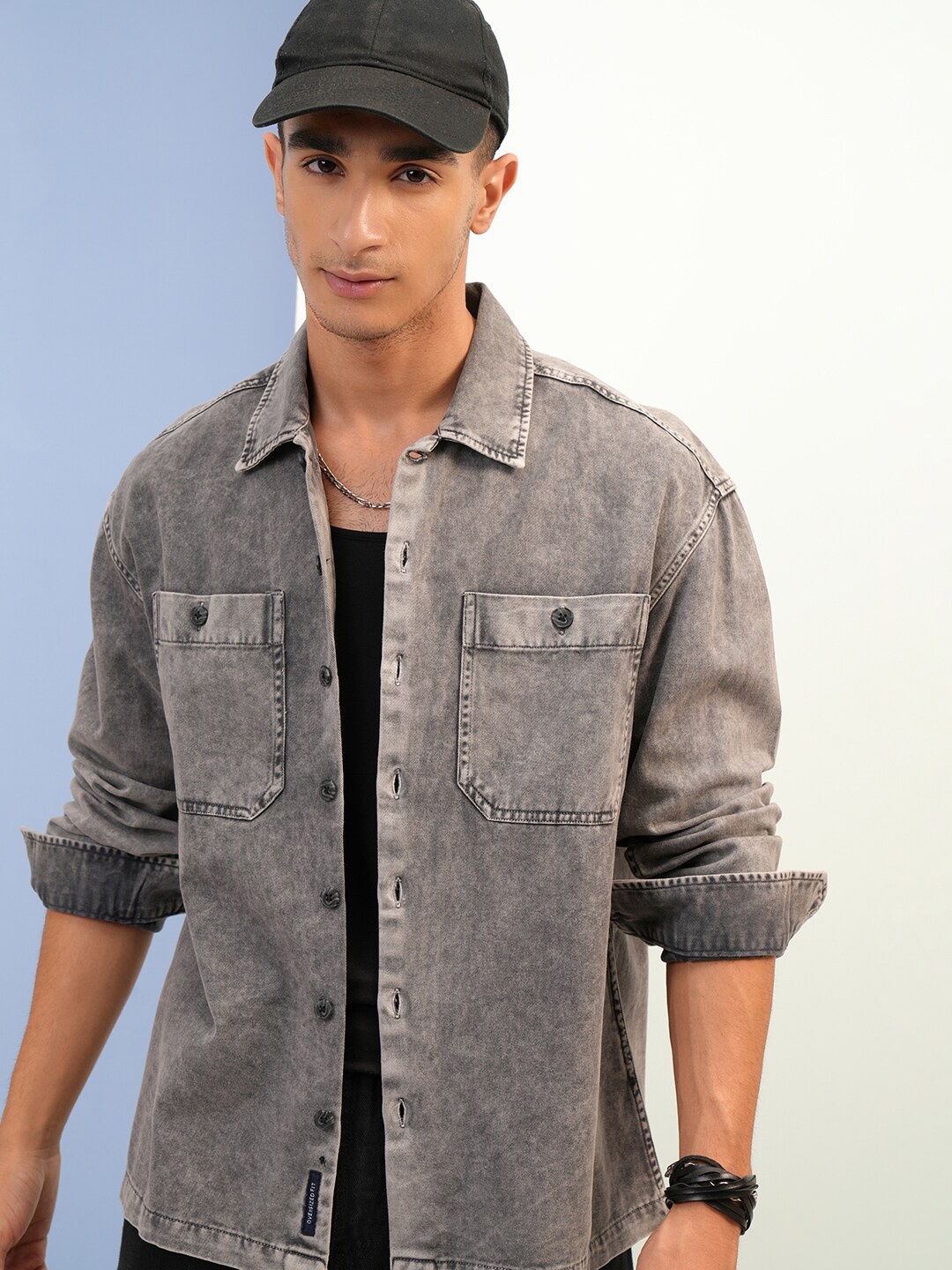 

Highlander Men Checked Oversized Shirt, Black
